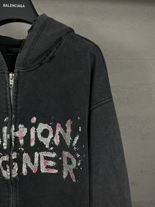 バレンシアガ FASHION DESIGNER レターアート ゴールド&シルバー ピンクプリント ジッパー フード付きスウェットシャツ
