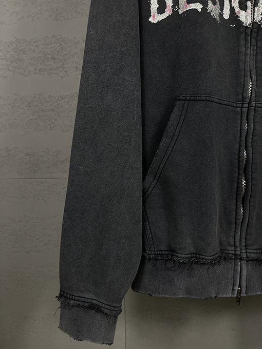 バレンシアガ FASHION DESIGNER レターアート ゴールド&シルバー ピンクプリント ジッパー フード付きスウェットシャツ