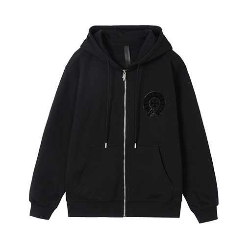 クロムハーツ ウォッシュと焼けしたフローラルアップリケ刺繍と透かしりのラインストーンしたフード付ジップアップスウェットシャツ