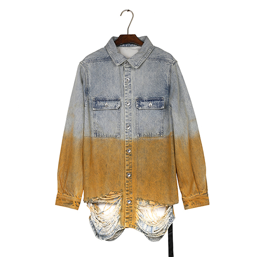 リックオウエンス グラデーションイエローのウォッシュダメージデニムジャケット