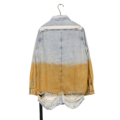 リックオウエンス グラデーションイエローのウォッシュダメージデニムジャケット