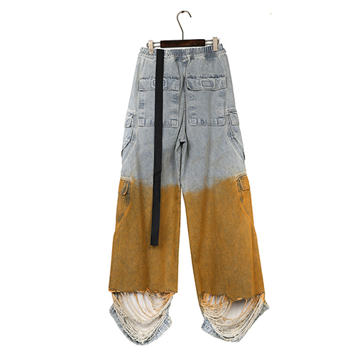 リックオウエンス ウォッシュダメージ破れしたグラデーションイエローのワイドレッグワークウェアジーンズ