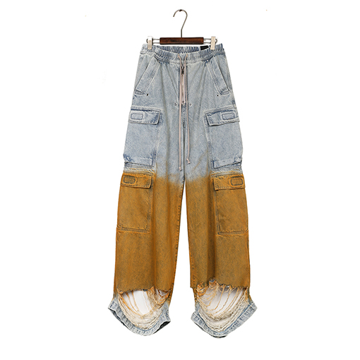 リックオウエンス ウォッシュダメージ破れしたグラデーションイエローのワイドレッグワークウェアジーンズ