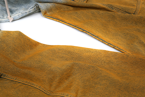 リックオウエンス ウォッシュダメージ破れしたグラデーションイエローのワイドレッグワークウェアジーンズ