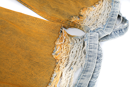 リックオウエンス ウォッシュダメージ破れしたグラデーションイエローのワイドレッグワークウェアジーンズ