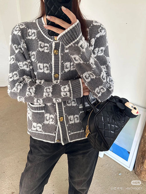 グッチ 新作レディースジャカードクルーネックニットカーディガン