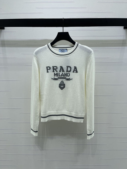 プラダ クルーネックのカラーブロックレターロゴニット長袖セーター