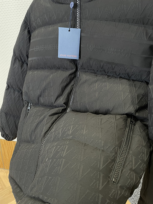 ルイヴィトン レザーラベルのフード付きダウンジャケット