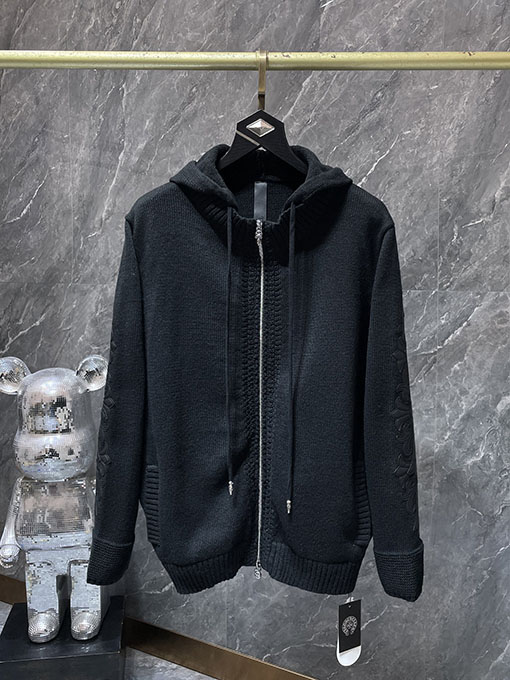 クロムハーツ クロスパターンのダブルアームパッチワークレザージップアップフード付きセーター