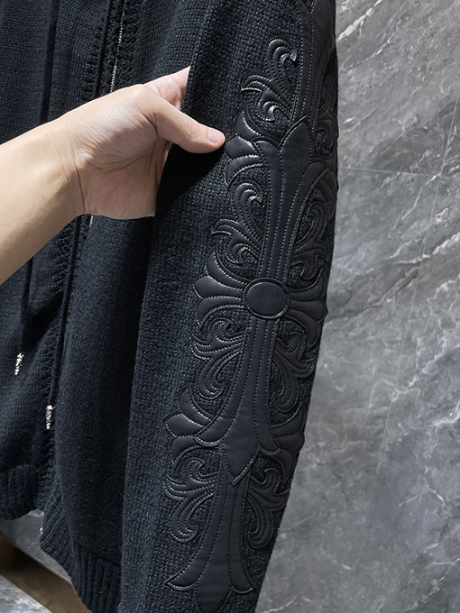 クロムハーツ クロスパターンのダブルアームパッチワークレザージップアップフード付きセーター