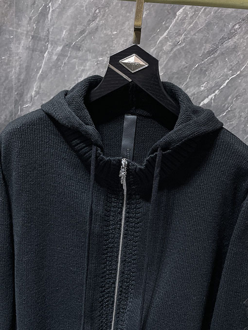 クロムハーツ クロスパターンのダブルアームパッチワークレザージップアップフード付きセーター