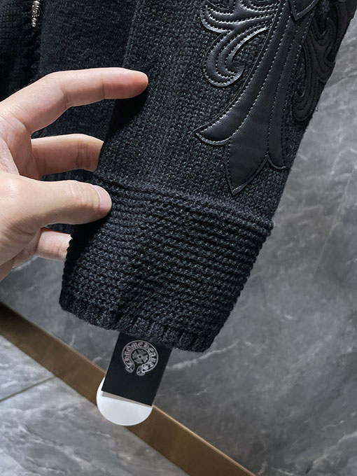 クロムハーツ クロスパターンのダブルアームパッチワークレザージップアップフード付きセーター