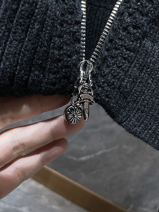 クロムハーツ クロスパターンのダブルアームパッチワークレザージップアップフード付きセーター