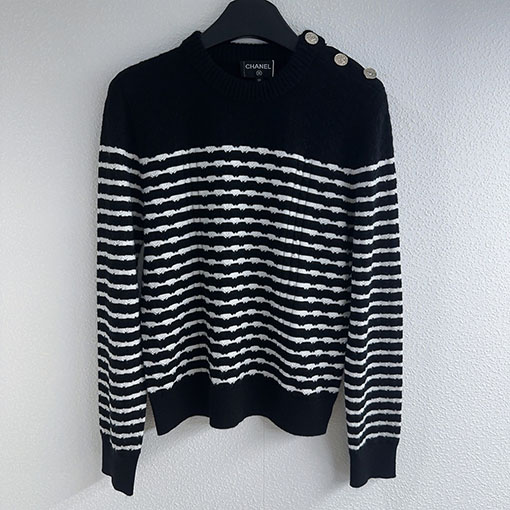 シャネル カラーブロックストライププルオーバー長袖ニットセーター