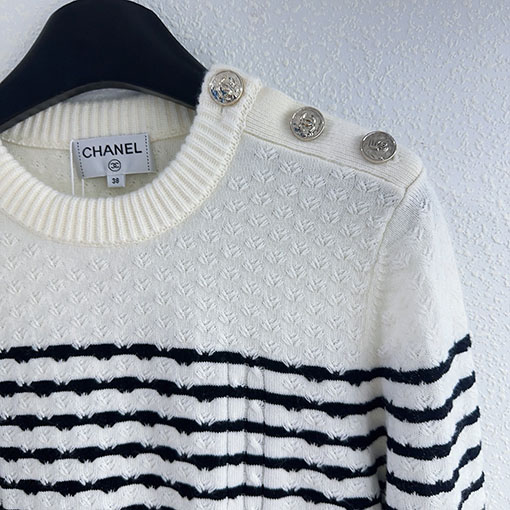 シャネル カラーブロックストライププルオーバー長袖ニットセーター