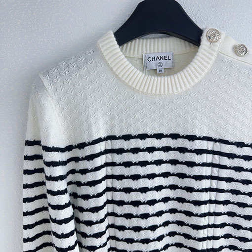 シャネル カラーブロックストライププルオーバー長袖ニットセーター
