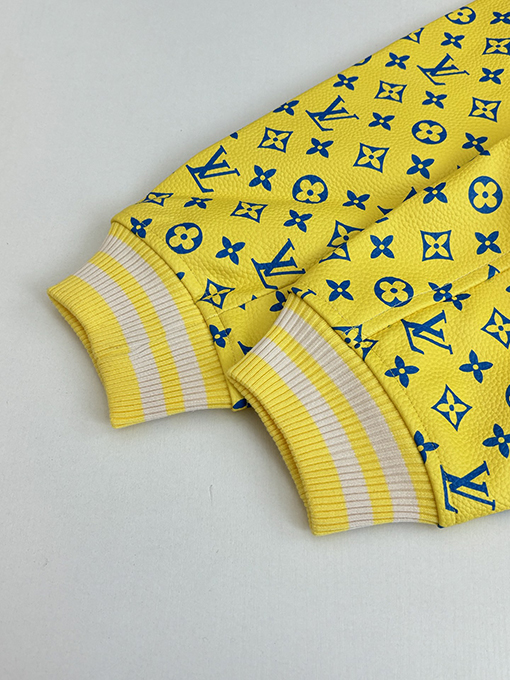 ルイヴィトン にドット柄の犬刺繍がされたレザースリーブのベースボールジャケット