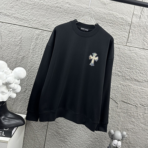 クロムハーツ 馬蹄十字架サンスクリットアップリケサンスクリットアップリケラインストーンスウェットシャツ