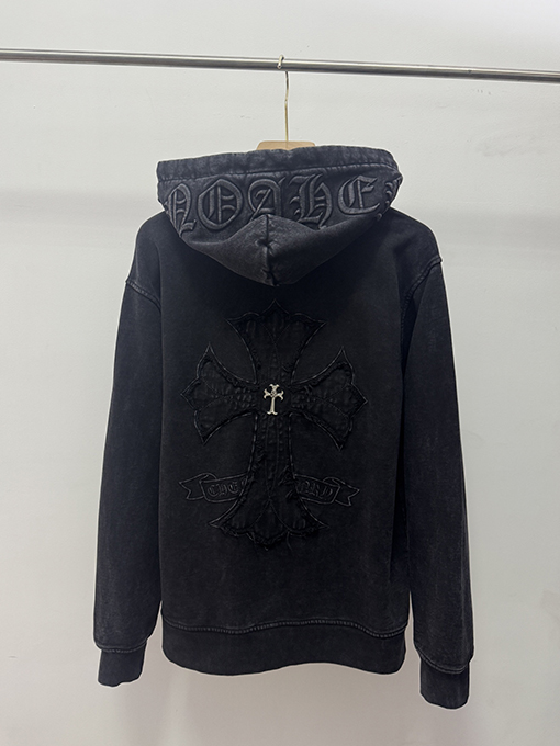 クロムハーツ ウォッシュと焼き付工をした花柄アップリケ刺繍のフリース裏地ジャケット