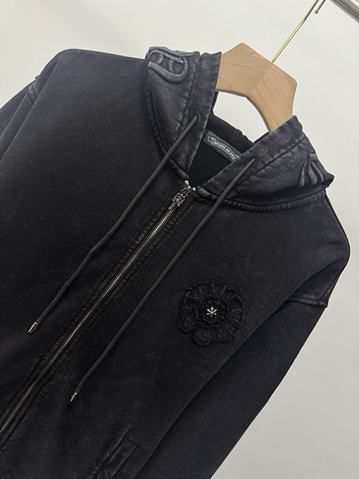 クロムハーツ ウォッシュと焼き付工をした花柄アップリケ刺繍のフリース裏地ジャケット