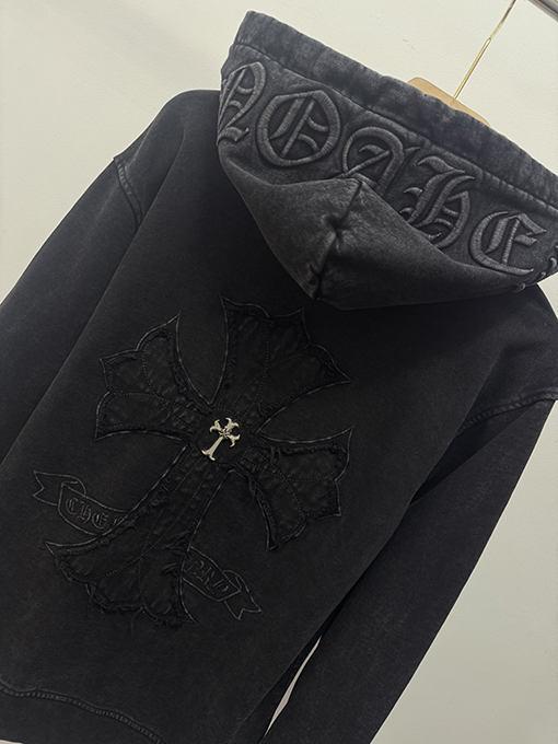 クロムハーツ ウォッシュと焼き付工をした花柄アップリケ刺繍のフリース裏地ジャケット