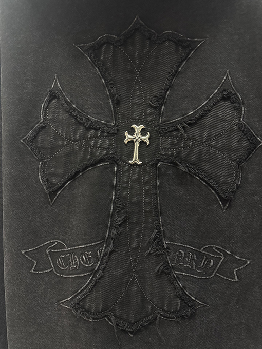 クロムハーツ ウォッシュと焼き付工をした花柄アップリケ刺繍のフリース裏地ジャケット