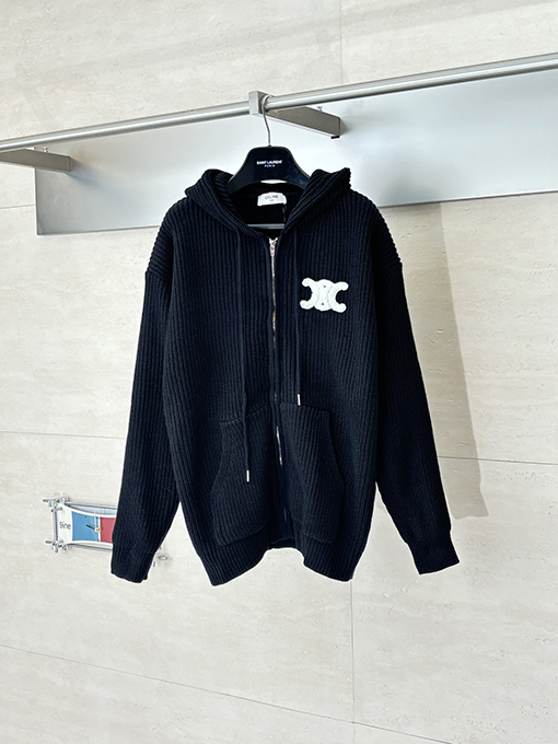 セリーヌ 刺繍ロゴニットフード付きジップアップジャケット