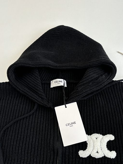 セリーヌ 刺繍ロゴニットフード付きジップアップジャケット