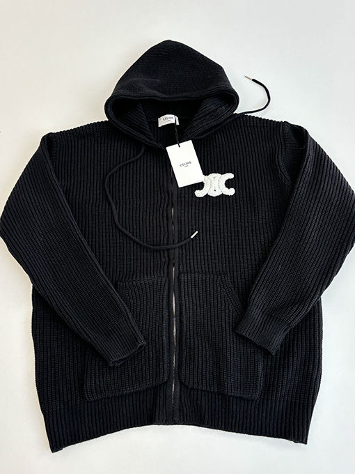 セリーヌ 刺繍ロゴニットフード付きジップアップジャケット