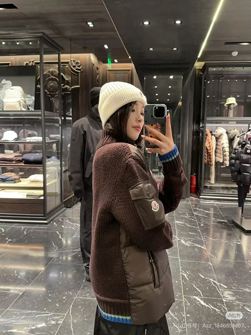 モンクレール ウールとダウンのパッチワークジップアップカーディガン