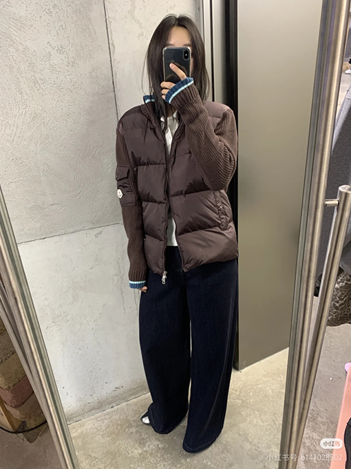 モンクレール ウールとダウンのパッチワークジップアップカーディガン