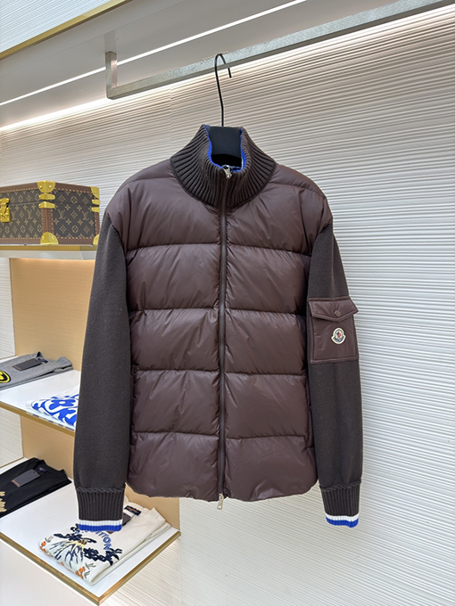 モンクレール ウールとダウンのパッチワークジップアップカーディガン