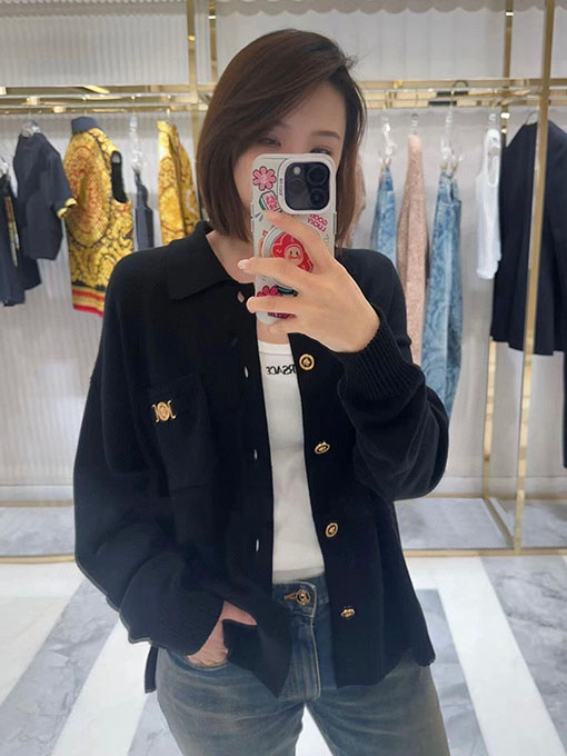 ヴェルサーチコピー ボタンリブトリム付きカーディガン