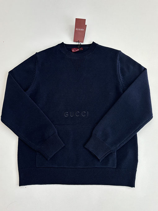 グッチ 無地カンガルーポケットレターロゴ刺繍ラウンドネックニットセーター