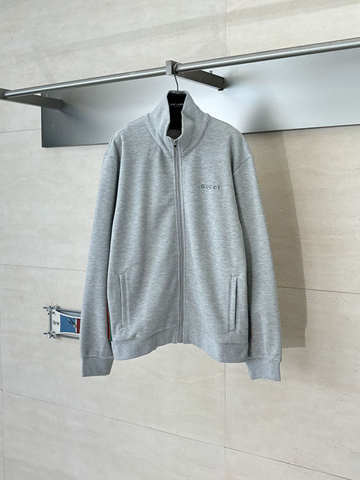 グッチ コットンの赤と緑のカラーブロック織りハイネックジップアップジャケット