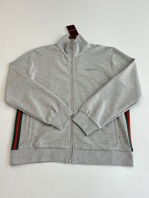 グッチ コットンの赤と緑のカラーブロック織りハイネックジップアップジャケット