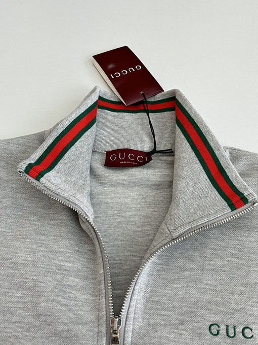 グッチ コットンの赤と緑のカラーブロック織りハイネックジップアップジャケット