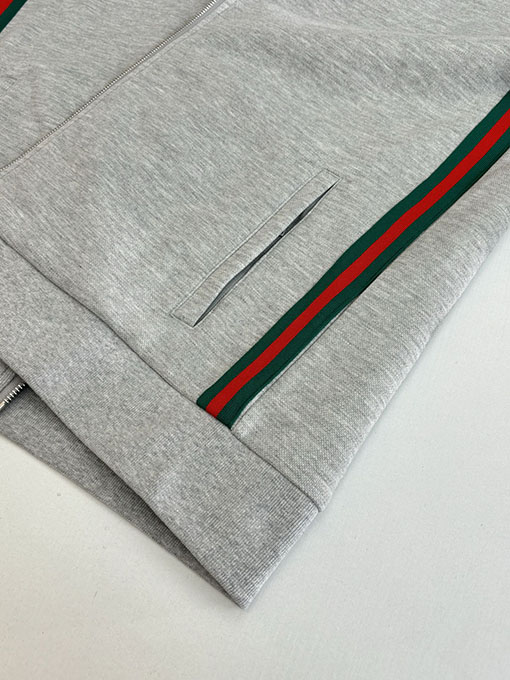 グッチ コットンの赤と緑のカラーブロック織りハイネックジップアップジャケット