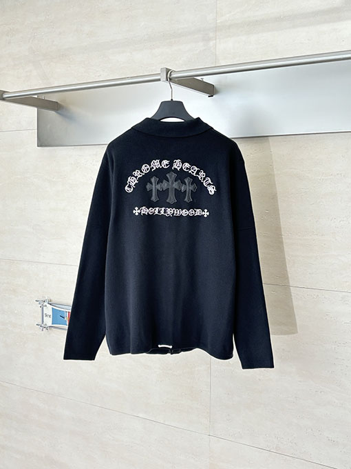 クロムハーツ ウールとレザーのパッチワークサンスクリット刺繍のニットカーディガン