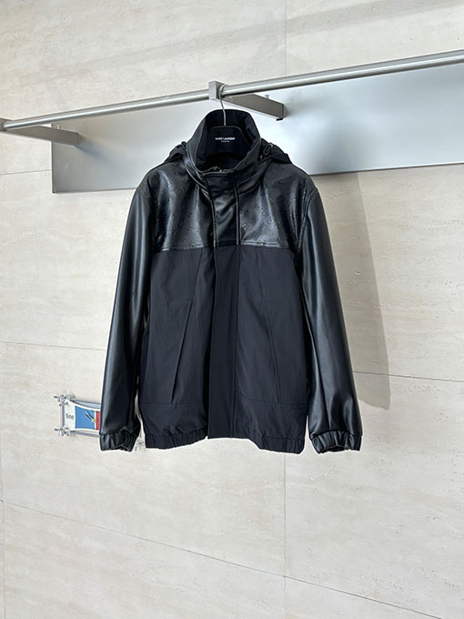 ルイヴィトンコピー ブラックナイロンブレンドパッチワークレザーフード付きジャケット