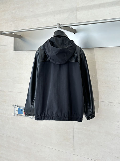ルイヴィトンコピー ブラックナイロンブレンドパッチワークレザーフード付きジャケット