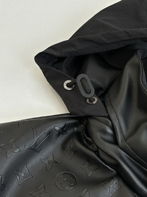 ルイヴィトンコピー ブラックナイロンブレンドパッチワークレザーフード付きジャケット