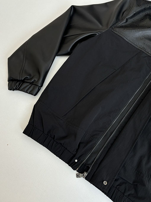 ルイヴィトンコピー ブラックナイロンブレンドパッチワークレザーフード付きジャケット