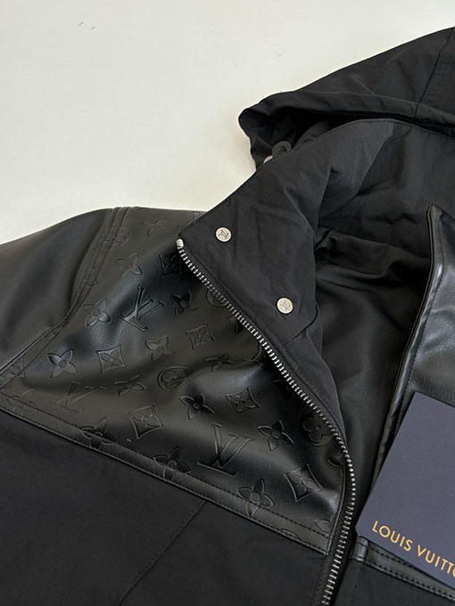 ルイヴィトンコピー ブラックナイロンブレンドパッチワークレザーフード付きジャケット