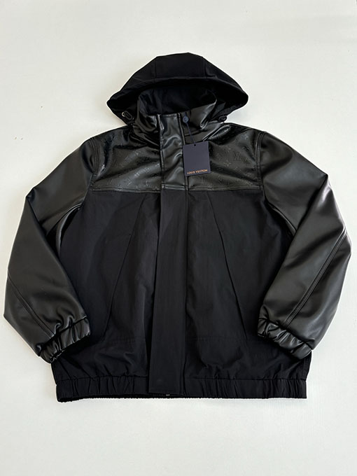 ルイヴィトンコピー ブラックナイロンブレンドパッチワークレザーフード付きジャケット