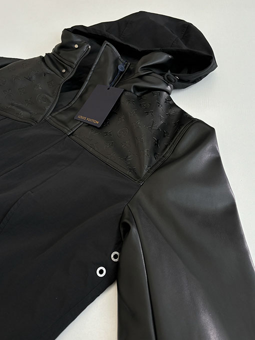 ルイヴィトンコピー ブラックナイロンブレンドパッチワークレザーフード付きジャケット