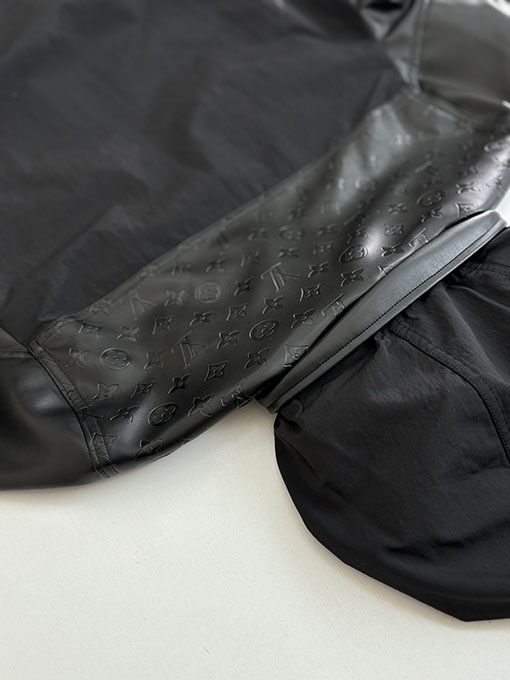 ルイヴィトンコピー ブラックナイロンブレンドパッチワークレザーフード付きジャケット