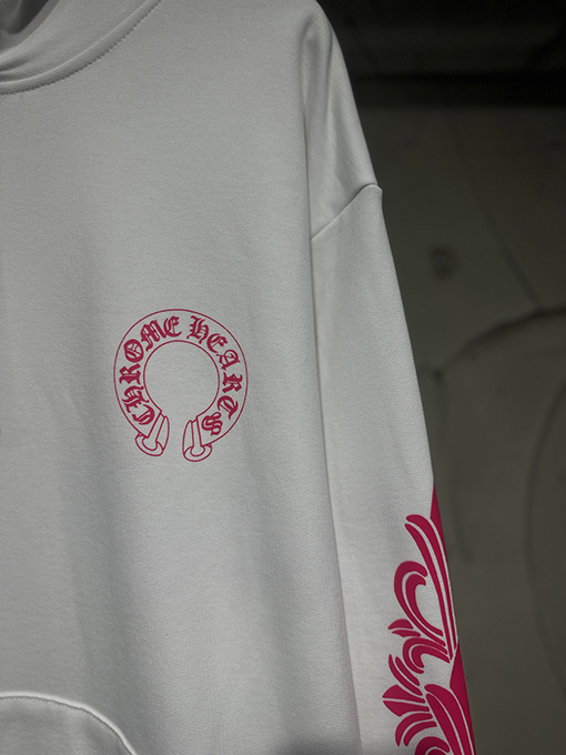 クロムハーツ Mattyboy 馬蹄形のユニコーンアームのピンクと白のフード付きスウェットシャツ