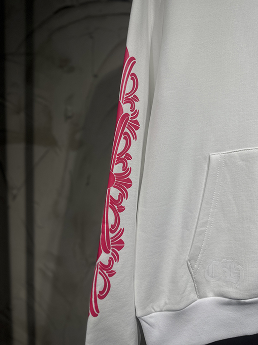 クロムハーツ Mattyboy 馬蹄形のユニコーンアームのピンクと白のフード付きスウェットシャツ