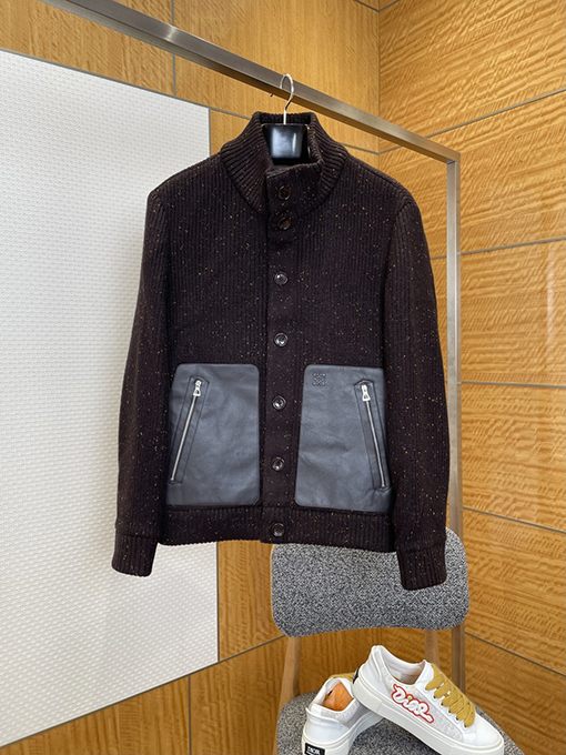 ロエベ レザーポケットエンボスパッチワークスタンドカラーカーディガンジャケット